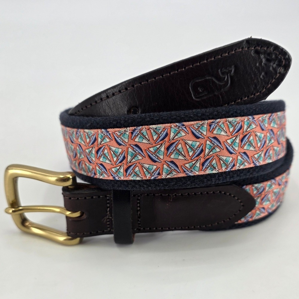 VINEYARD VINES SAILBOAT BELT MENS SIZE 32 CANVAS LEATHER PINK BLUE AOP PREPPY